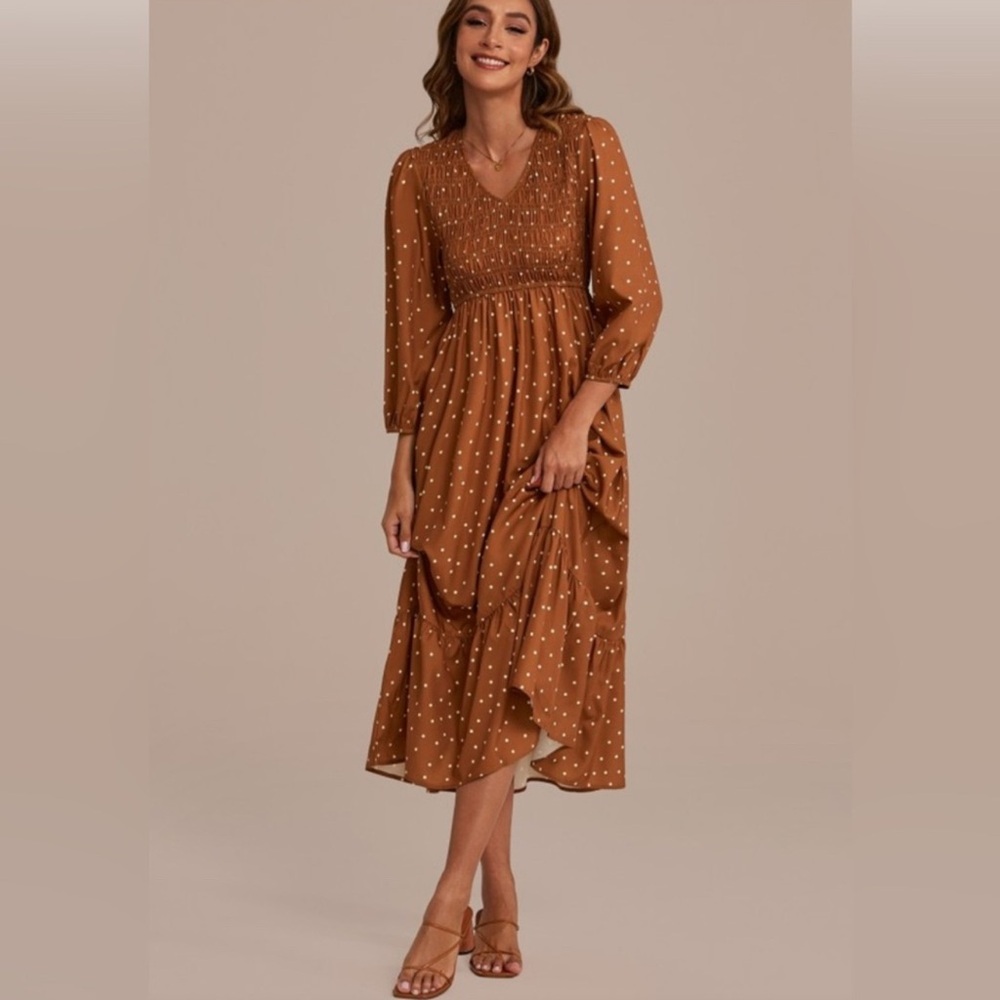 Brown Polka Dot Midi Dress